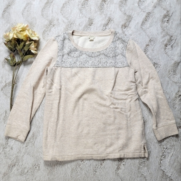 ✨️CL J Crew Cream Beige Fleece Lined Lace Detail Collar Sweater Top Size XS - Picture 1 of 10